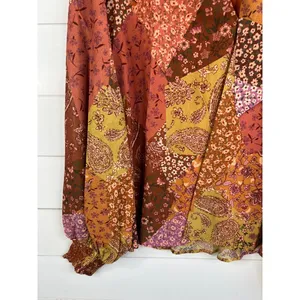AURA Blouse Womens Size L Patchwork Tie Neck Long Sleeve Bohemian Relaxed Fit thumbnail 8