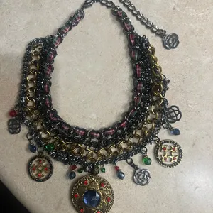 Artisan Boho Statement Necklace Celtic Knot CharmPlaid Ribbon Medallion vintage thumbnail 5