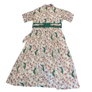Beau & Ro Peacock Floral Block Print Cotton Midi Shirt Dress S Cream Green Boho thumbnail 4