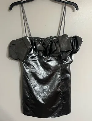 Zara Metallic‎ Silver Ruffle Off Shoulder Mini Dress NWT Size M Party Night Out thumbnail 1