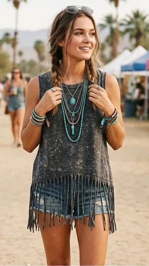BIBI Mineral Wash Fringe Tank Grey Boho Western Festival Sleeveless Hippie L thumbnail 1
