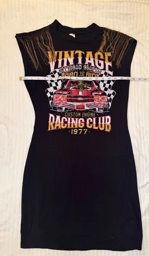 Vintage Racing Club Graphic T-Shirt Dress Fringed Shoulder Size L thumbnail 14