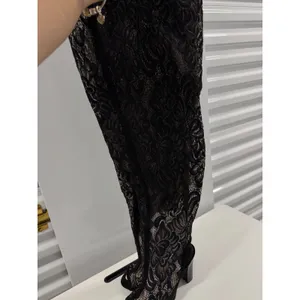Bamboo Black Lace‎ Over The Knee Boots Open Toe Block Heel Thigh High Size 8.5 thumbnail 4