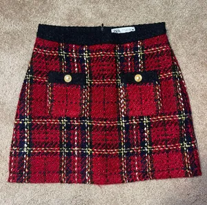 ZARA Tweed Red Plaid Mini Skirt thumbnail 1