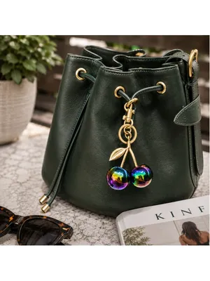 NEW Cherry Charm Keychain Gold and Multicolor Oil Slick NWT thumbnail 2