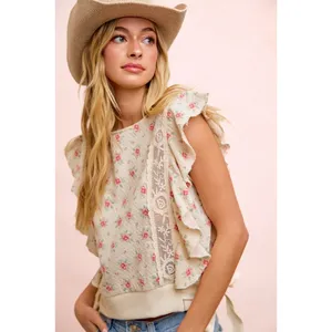 BiBi Flower Printed Ruffle Sleeve Trim Detail Top - Red Flower - Large thumbnail 7
