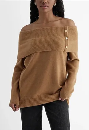 Express Sweater Womens S Tan Novelty Button‎ Off The Shoulder Oversized NWT thumbnail 1