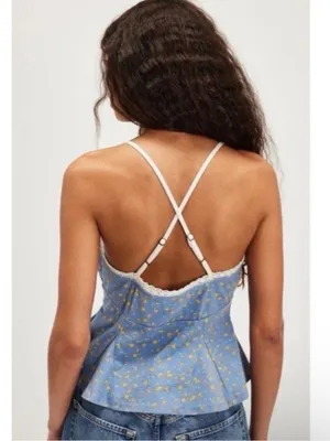 Free People XL Sammi Tank Top Blue Floral Peplum Babydoll Coquette Preppy thumbnail 7