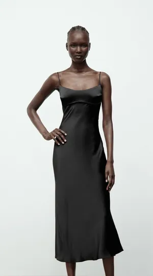 ZARA Silk Dress Black Midi size M thumbnail 1