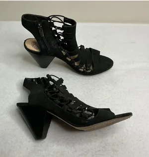 Vince Camuto Womens 9W Black Strappy Lace Up Cage Sandals Cone Heel Side Zip thumbnail 1