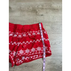 LOFT Red Embroidered shorts LINEN VISCOSE drawstring BOHO pockets Fray Edge sz S thumbnail 6