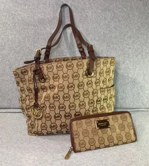 Michael Kors Tote Bag Purse Womens Large Tan Brown Signature Monogram Wallet Set thumbnail 1