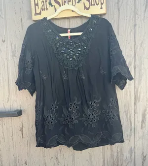 Boho Embroidered Black Women's Top with Lace Neckline thumbnail 1