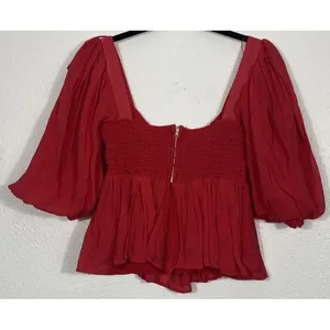 Sofie the label Red Puff Sleeve Smocked Ruffle Cropped Top Square Neck Size S thumbnail 5
