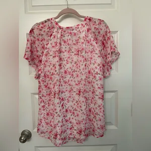 Pink Floral Short Sleeved V Neck Blouse Size L thumbnail 7