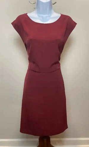 LOFT Sleeveless Sheath Dress Size 8 Burgundy V Back Tie Waist Fully Lined thumbnail 1