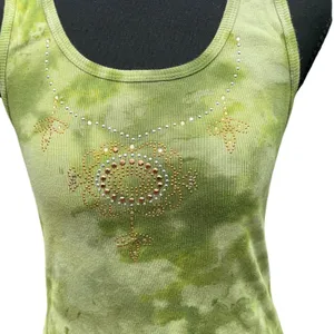 Vintage Y2K Green Tie Dye‎ Rhinestone Cotton Ribbed Tank Top Medium NWT thumbnail 2