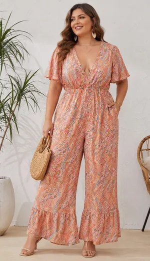 NWOT SHEIN Curve Paisley Boho Wide Leg Jumpsuit Maxi Plus Size Romper , 1XL thumbnail 1