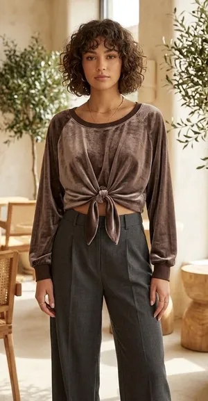 Nude Mocha Brown Velvet Tie Front Oversized Long Sleeve Crop Top Size S thumbnail 1