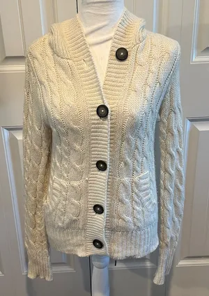 Aeropostale Large Vintage Y2K Cream Hooded‎ Ramie-Blend Knit Cardigan Sweater thumbnail 1
