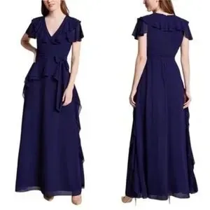 Shani Navy Blue Ruffle Trim V-Neck Flutter Sleeve Formal Evening Maxi Dress 6 thumbnail 2