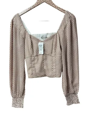 Abercrombie & Fitch A&F Long Puff Sleeve V-Neck Blouse Top Brown Medium NEW NWT thumbnail 1