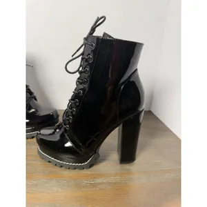 Liliana Black Patent Lace-Up Combat Boots Chunky Platform Heel Size 8 thumbnail 2