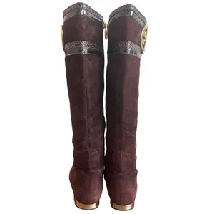 Tory Burch Brown Suede Riding Boots Snakeskin Gold Logo Knee High Sz 8 thumbnail 4