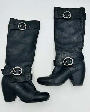 Lucky Brand Black Leather Candie Knee High Boots 6.5M Block Heel Double Buckle thumbnail 1