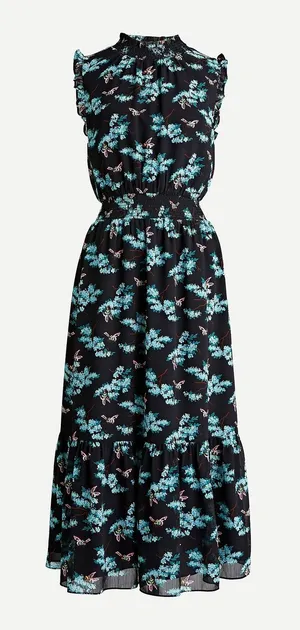 J. Crew Black Botanical Bees Print Smocked Waist Ruffle High Neck Midi Dress M thumbnail 1