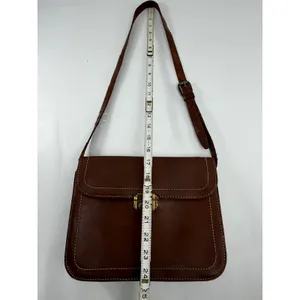 Vintage Brown Leather Crossbody Satchel Bag Contrast Stitch Brass Hardware thumbnail 4