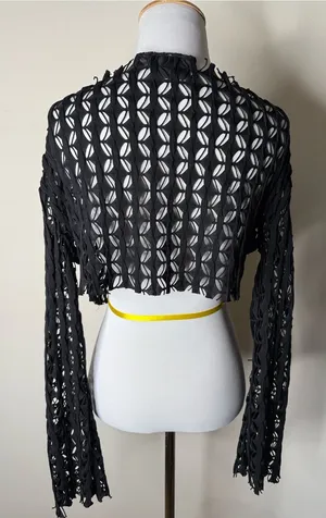 Pretty Damage Black Laser Cut Cropped Long Sleeve Top thumbnail 1