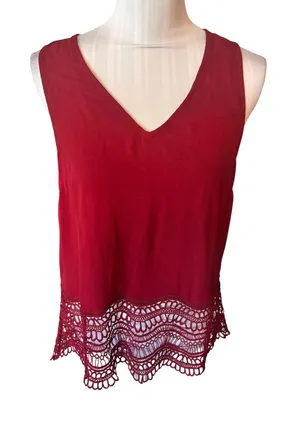 Entro Burgundy Sleeveless Blouse Crochet Trim Size S thumbnail 1