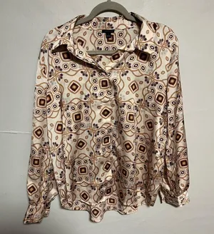 Ann Taylor Cream and Brown Notched Collar Button Down Shirt thumbnail 1