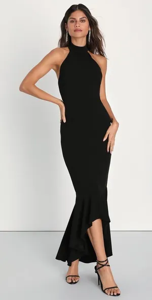 NWT Lulus Elegant Grace Black Tiered Halter High-Low Maxi Dress Backless Gala M thumbnail 1