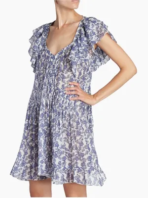 Isabel Marant Étoile Godrana Flutter-Sleeve Blue Floral Ruffle-Sleeve Dress S 44 thumbnail 1