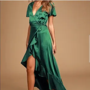 Lulus Love Of Your Life Dark Green Satin Ruffled Wrap Maxi Dress M thumbnail 4