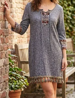 Entro Size M boho festival dress. Embroidered Tassels fringe Aztec thumbnail 1