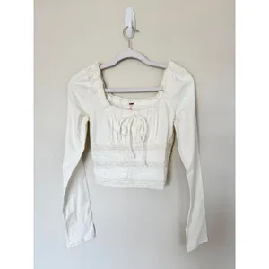 Free People White Lace Trim Milkmaid Crop Top Long Sleeve Square Neck Size Small thumbnail 4