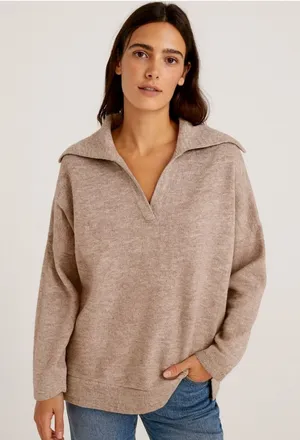 OGL Sweater V-Neck Collar Ribbed Heather Brown Tan Size Small NEW thumbnail 1