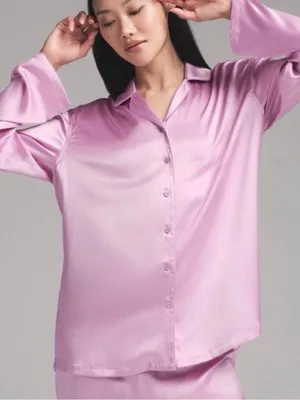 SKIMS Woven Shine Long Sleeve Sleep Set Pajamas Pink Rose Size M NWT thumbnail 3