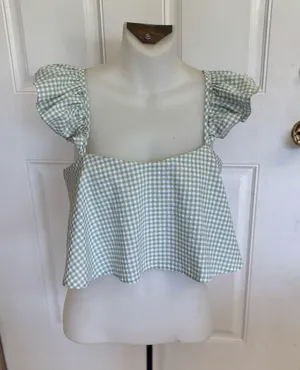 Med Forever 21 Green/White Ruffle Cap Sleeves Gingham Top thumbnail 1