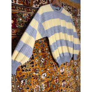 90s VTG Oversized Butter Yellow Striped Ribbed Crewneck Cotton Knit Sweater sz L thumbnail 4