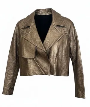PI Poleci Metallic Bronze Thick Leather Cropped Jacket Small NWOT Tan thumbnail 1