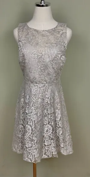 Alice + Olivia Metallic Natalia Open Back Lace Mini Dress Taupe Silver Sz 10 thumbnail 1