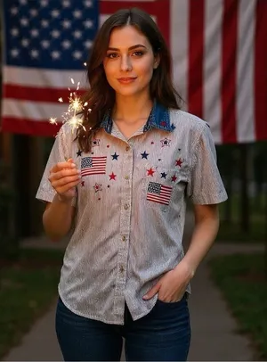 Vintage Quizz Again & Co. Flag Patriotic Cotton Embroidered Shirt Holiday USA thumbnail 1
