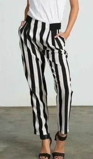 NWT Sans Souci Striped Lightweight Satin Feel Trouser Ankle Pant XL Black White thumbnail 1