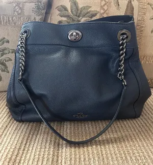 Coach Edie Turnlock Dark Navy Blue Pebbled Leather Shoulder Bag w/ Chain Straps thumbnail 1