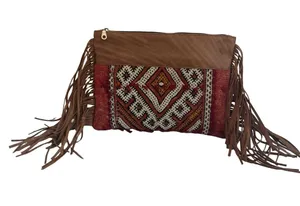 Gift From Morocco Brown Faux Leather Clutch Bag Purse Fringe Handbag Vegan thumbnail 1