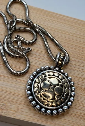 Vintage-Style Gold & Silver-Tone Pendant Necklace With Round Textured Medallion thumbnail 1